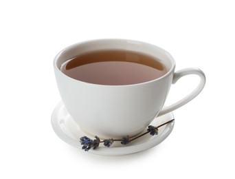 Photo of Aromatic lavender tea in cup and dry flowers isolated on white