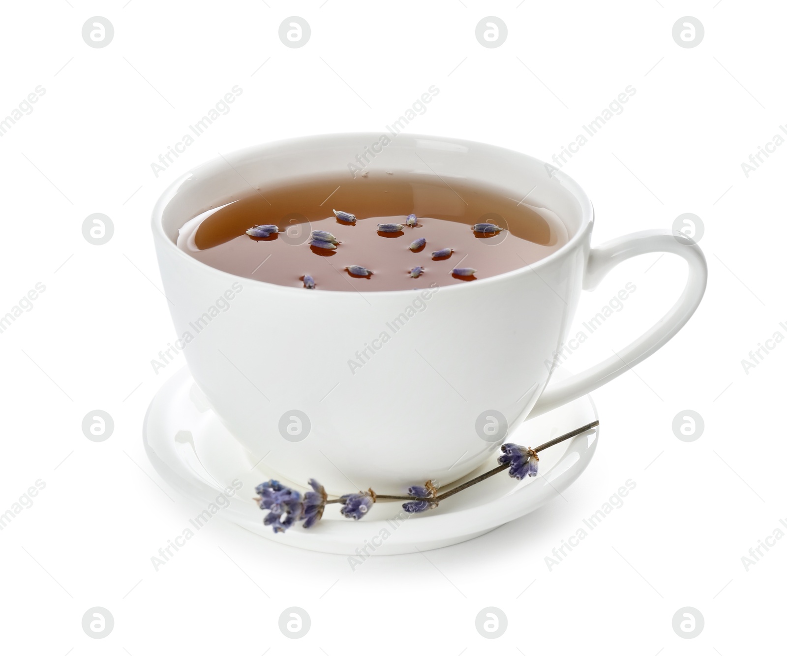 Photo of Aromatic lavender tea in cup and dry flowers isolated on white