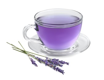 Photo of Aromatic lavender tea in glass cup and dry flowers isolated on white