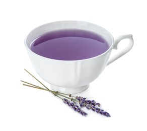 Photo of Aromatic lavender tea in cup and dry flowers isolated on white