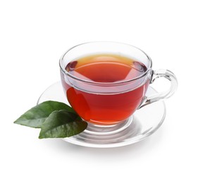 Refreshing black tea in cup and leaves isolated on white