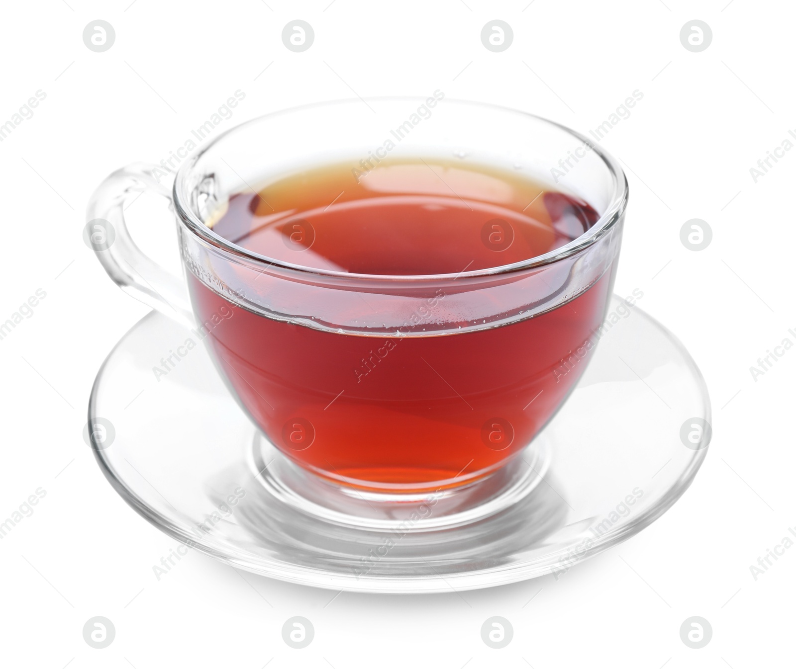 Photo of Refreshing black tea in cup isolated on white