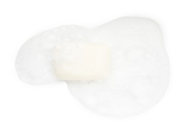 Photo of Soap with foam on white background, top view