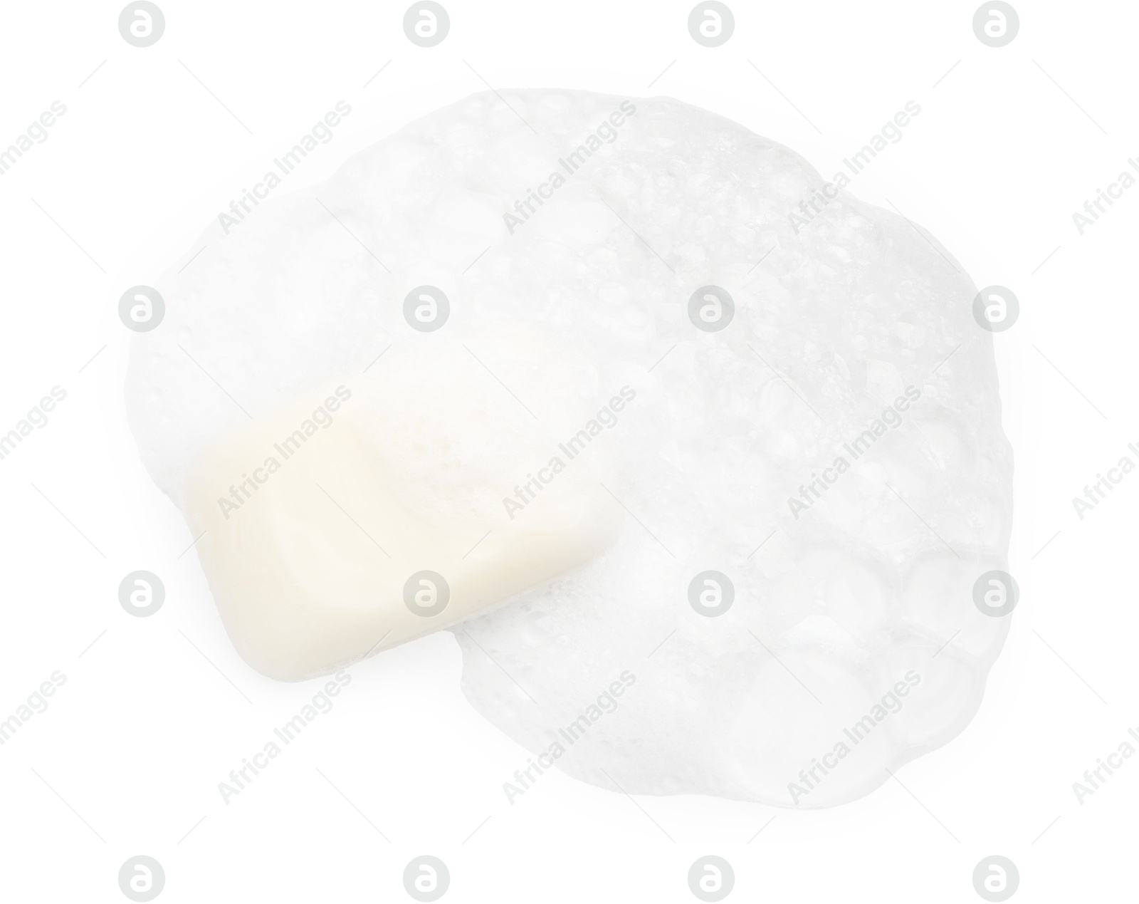 Photo of Soap with foam on white background, above view