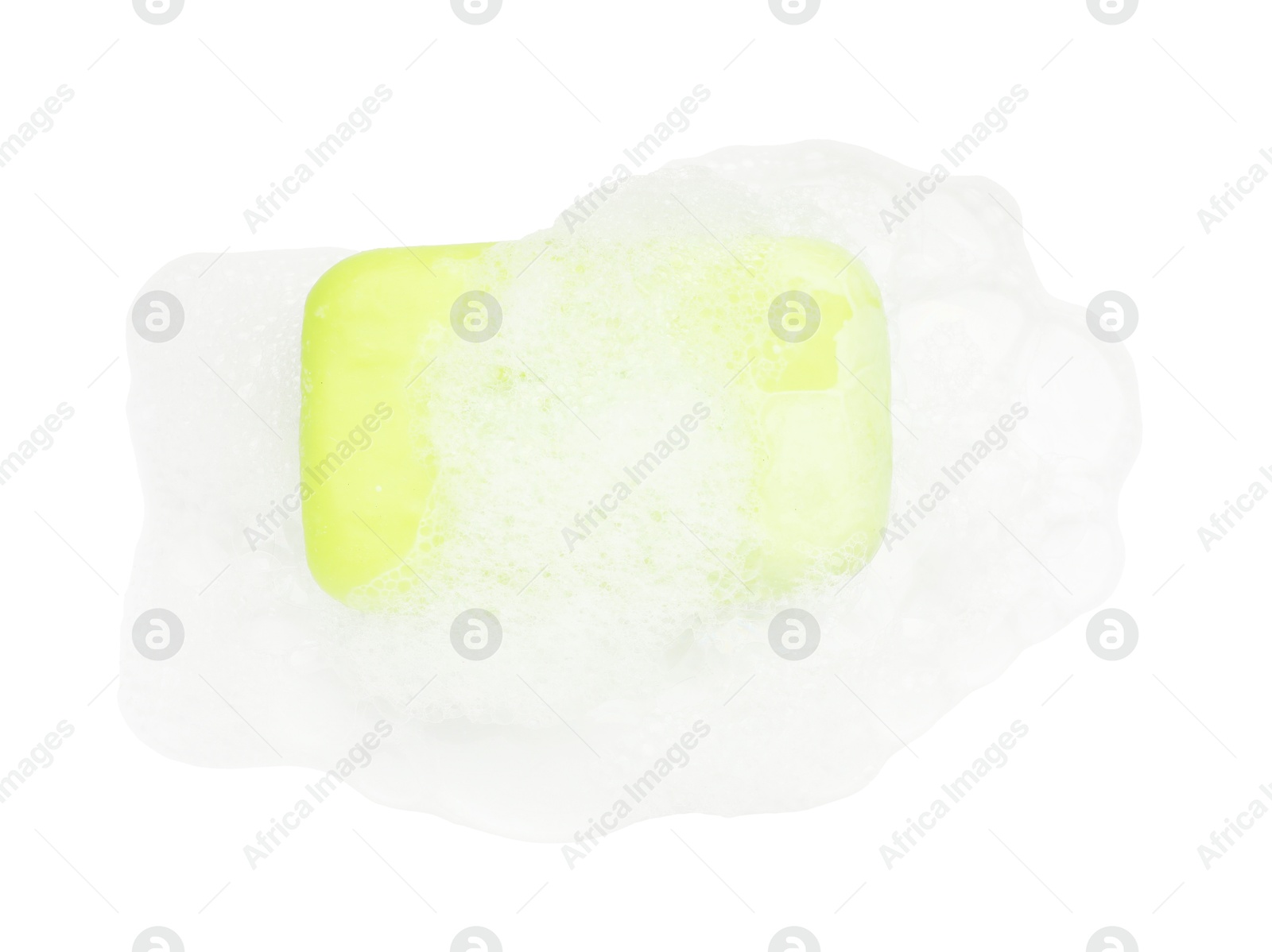 Photo of Green soap with foam on white background, top view