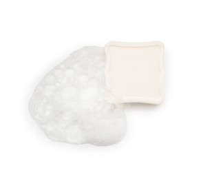 Photo of Soap with foam on white background, top view