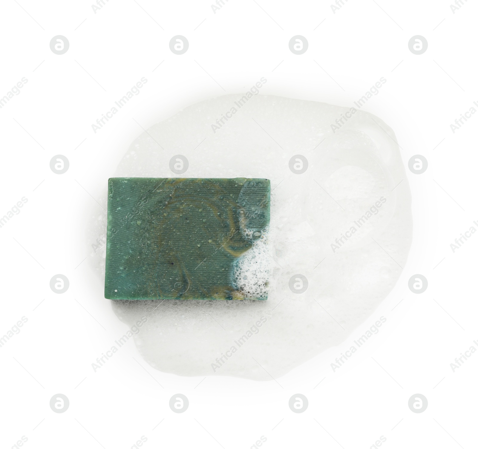 Photo of Blue soap with foam on white background, top view