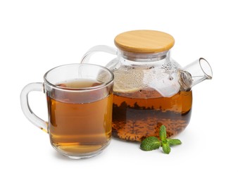 Photo of Tasty mint tea and fresh leaves isolated on white