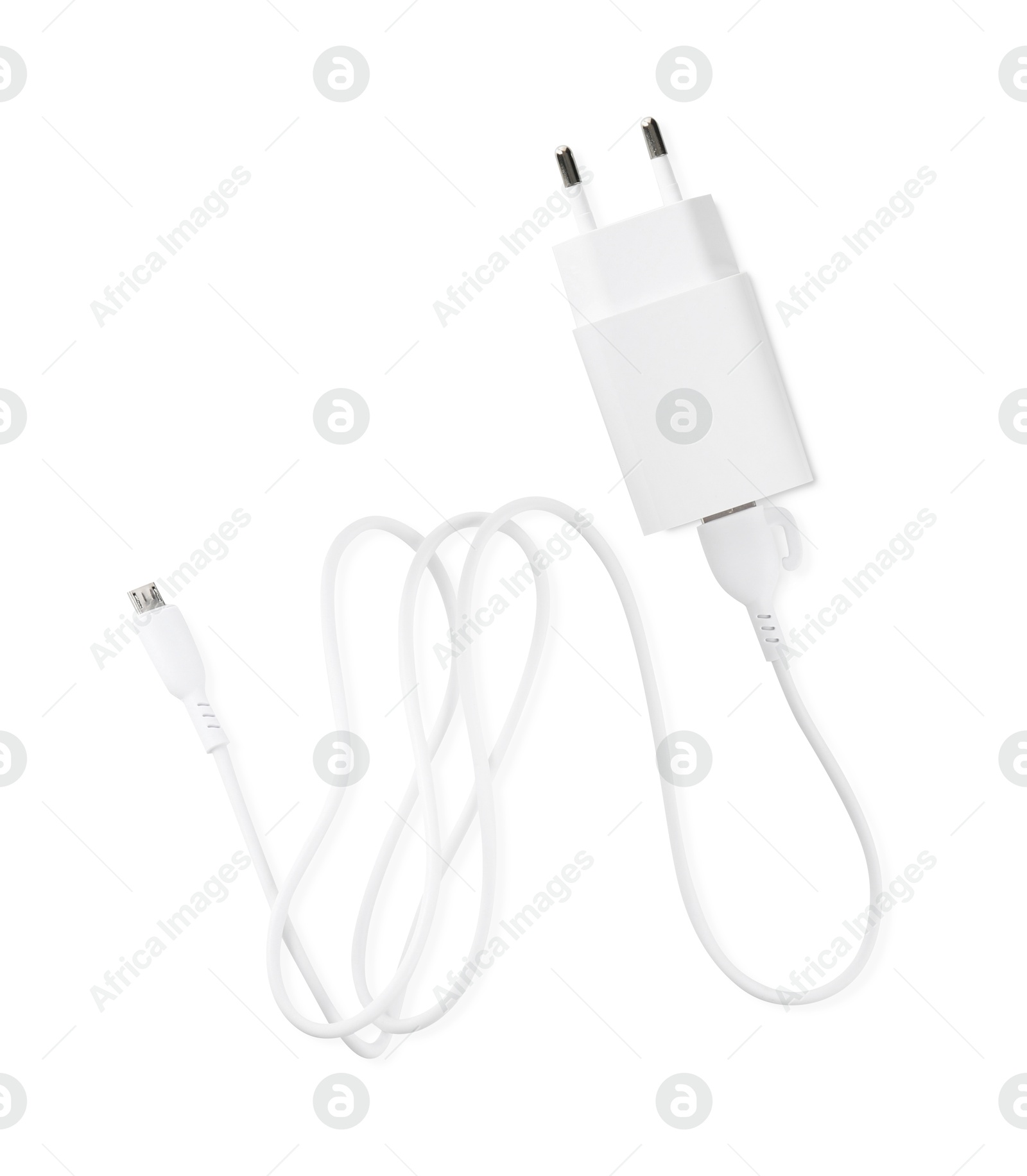 Photo of USB power adapter with charge cable isolated on white, top view