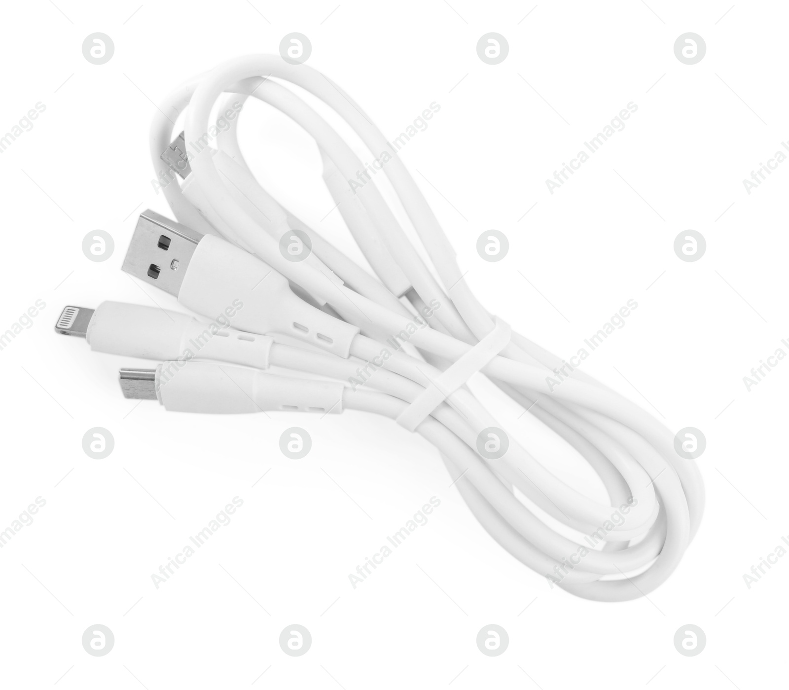 Photo of Triple charge cable isolated on white, top view