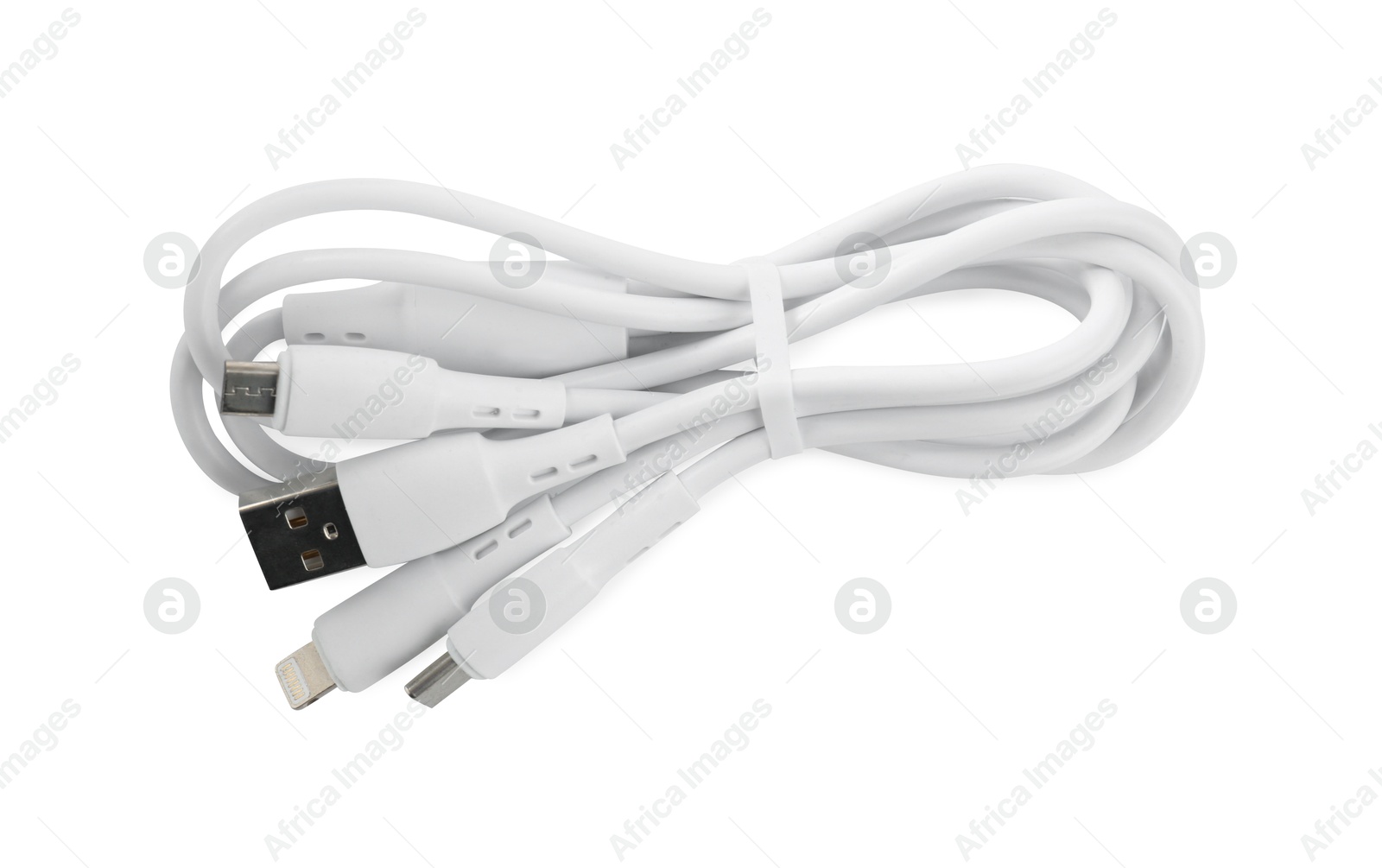 Photo of Triple charge cable isolated on white, top view