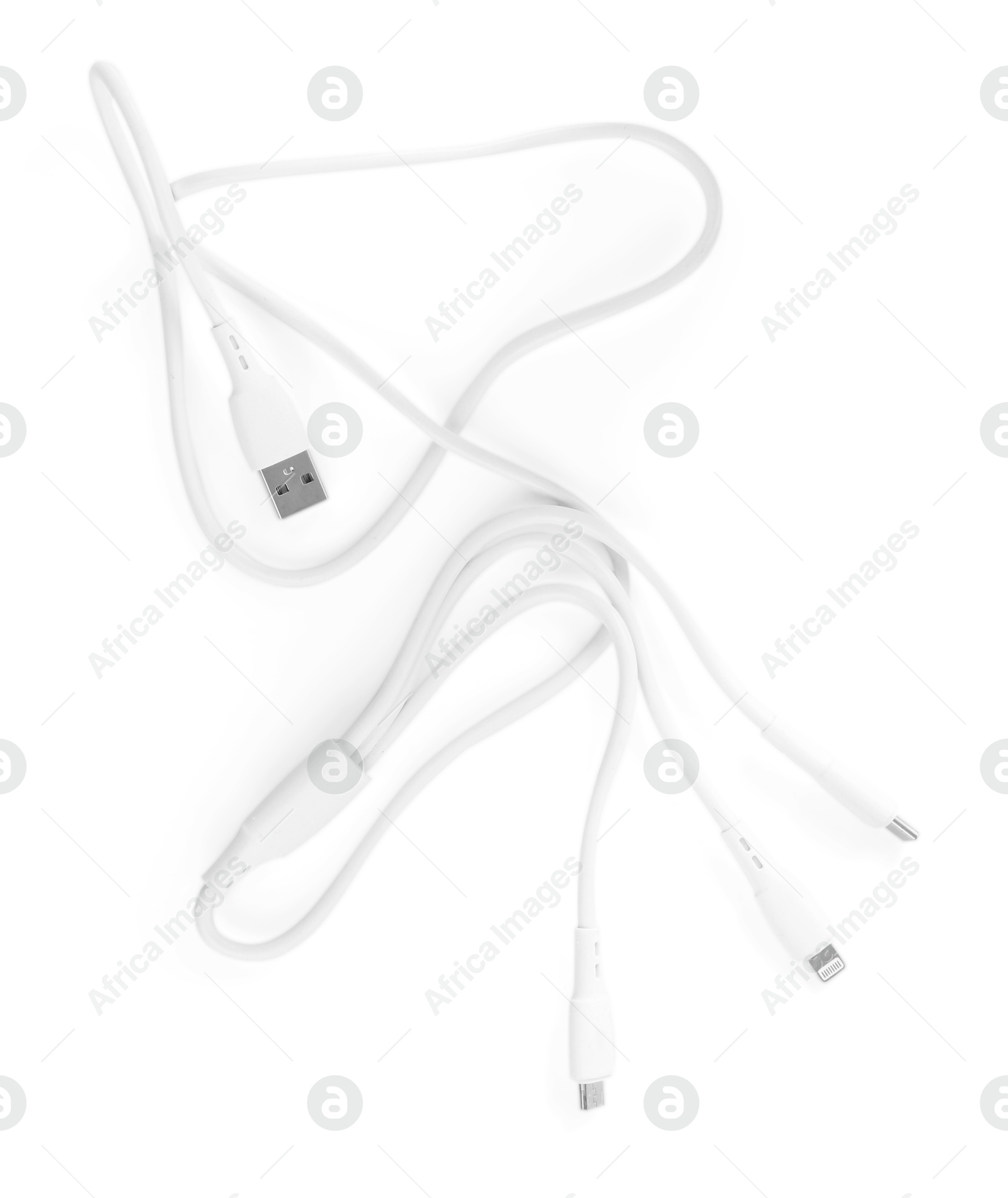 Photo of Triple charge cable isolated on white, top view