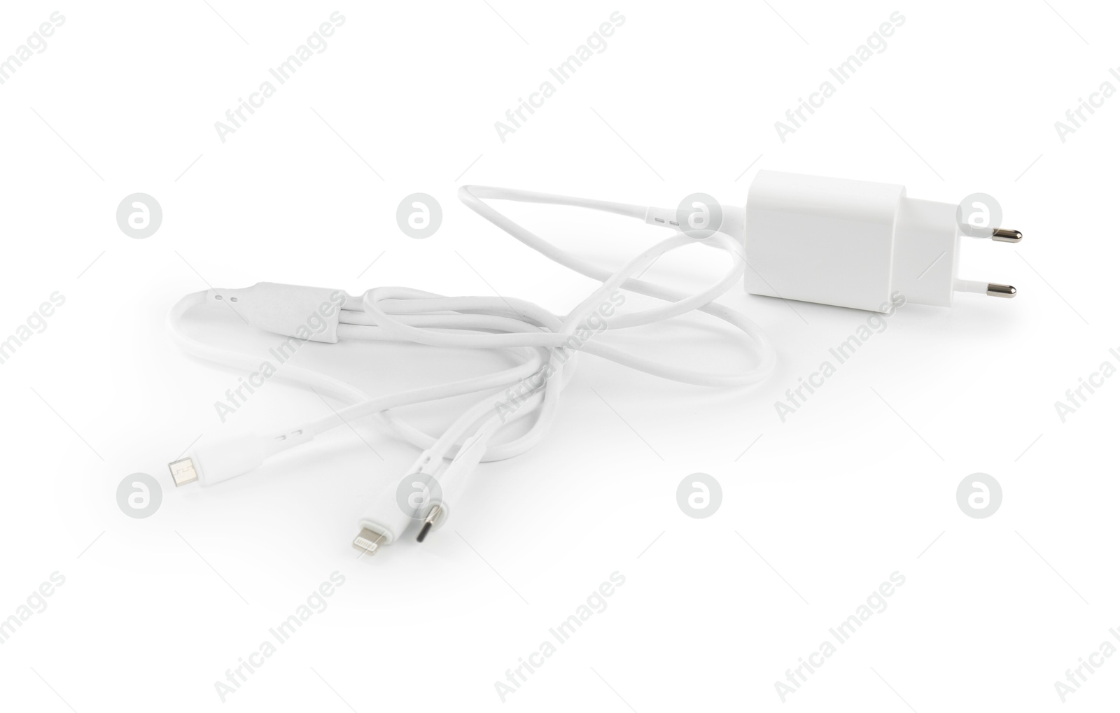 Photo of USB power adapter with triple charge cable isolated on white