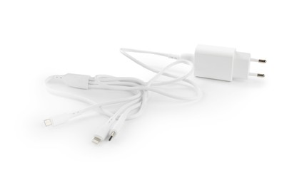 Photo of USB power adapter with triple charge cable isolated on white