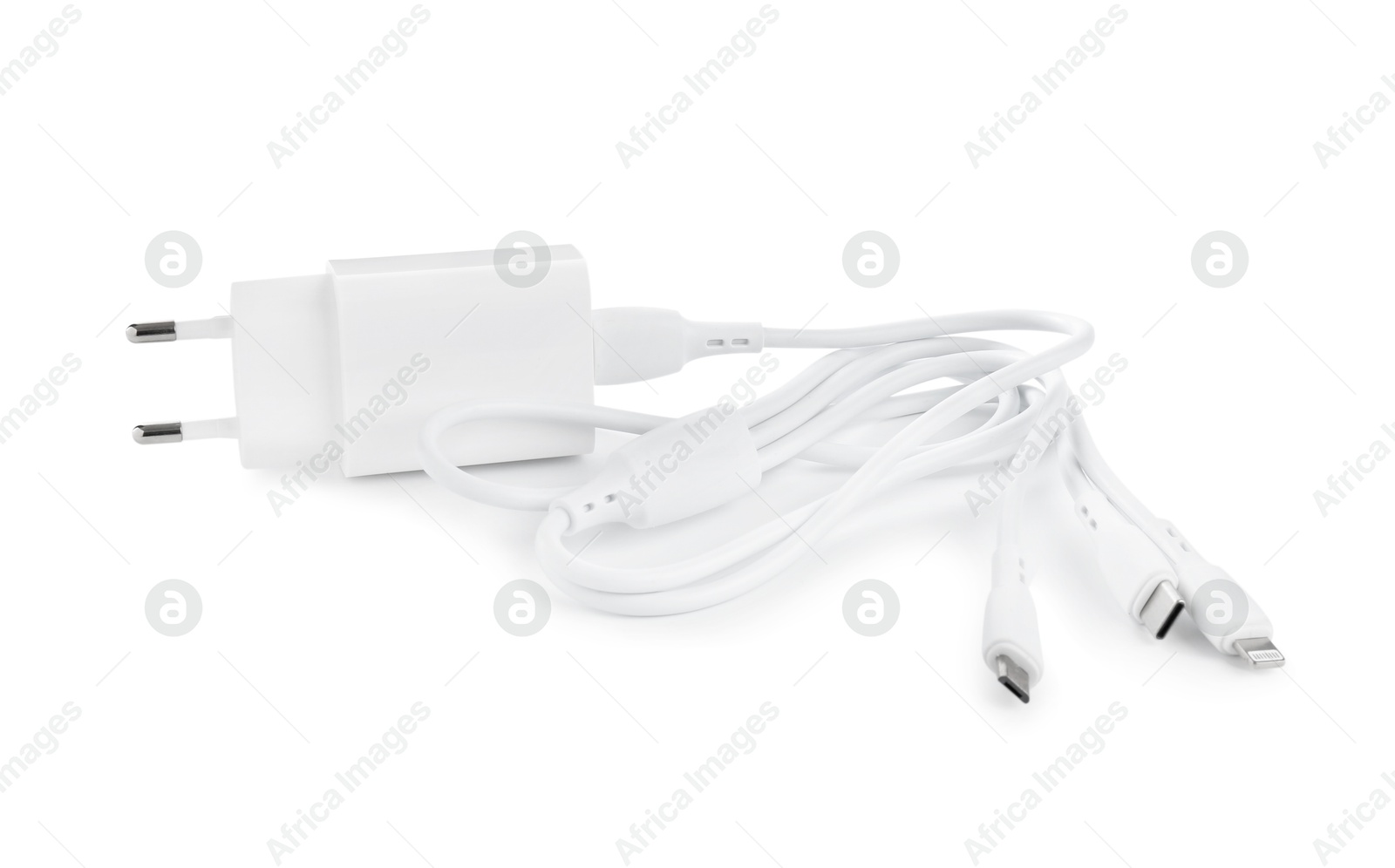 Photo of USB power adapter with triple charge cable isolated on white