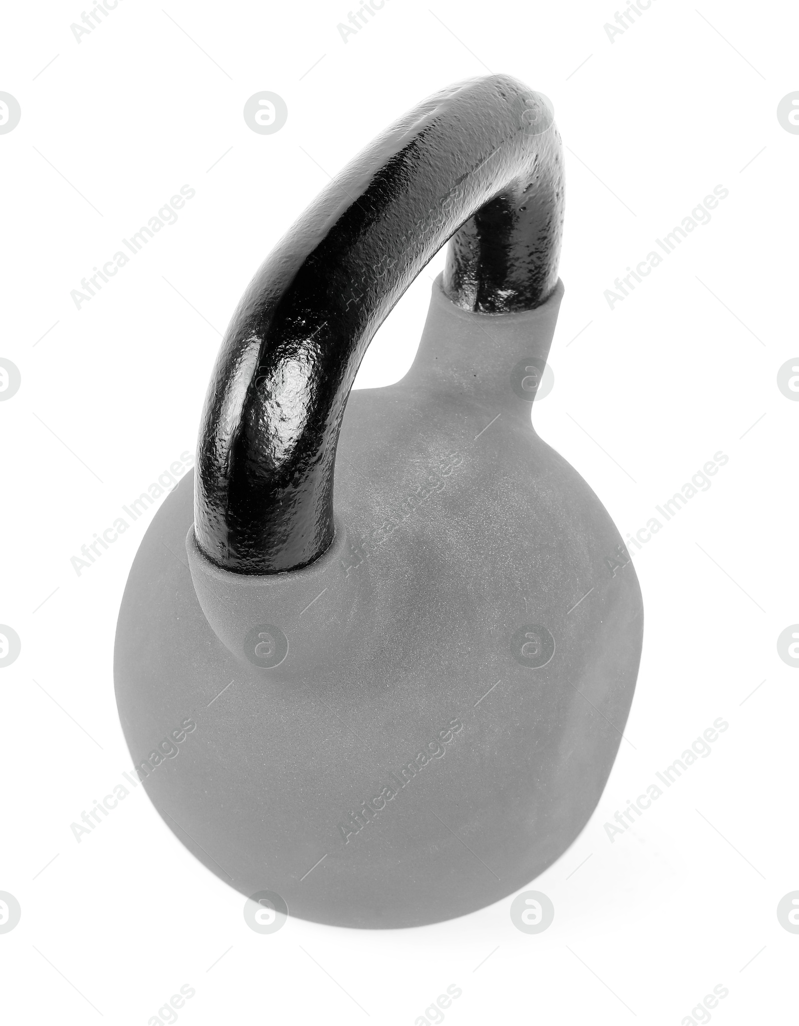 Photo of One metal kettlebell isolated on white. Sports equipment