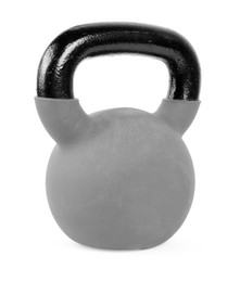 Photo of One metal kettlebell isolated on white. Sports equipment