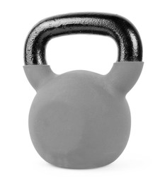 Photo of One metal kettlebell isolated on white. Sports equipment