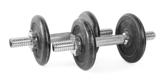 Photo of Two barbells isolated on white. Sports equipment