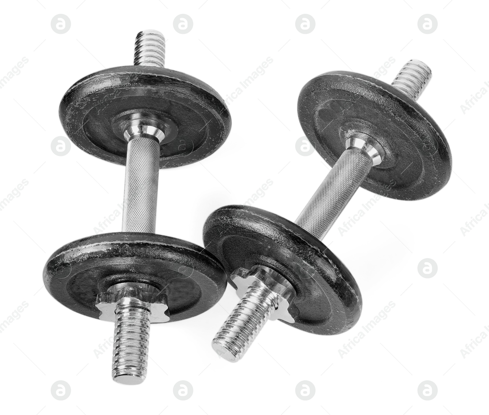 Photo of Two barbells isolated on white, above view. Sports equipment