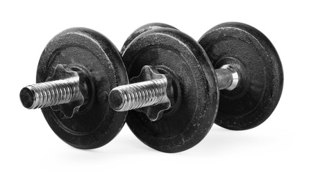 Photo of Two barbells isolated on white. Sports equipment