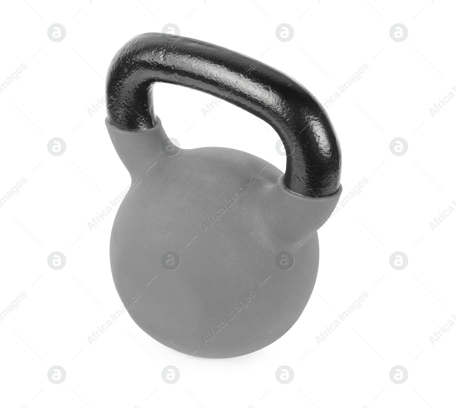 Photo of One metal kettlebell isolated on white. Sports equipment