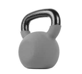 Photo of One metal kettlebell isolated on white. Sports equipment