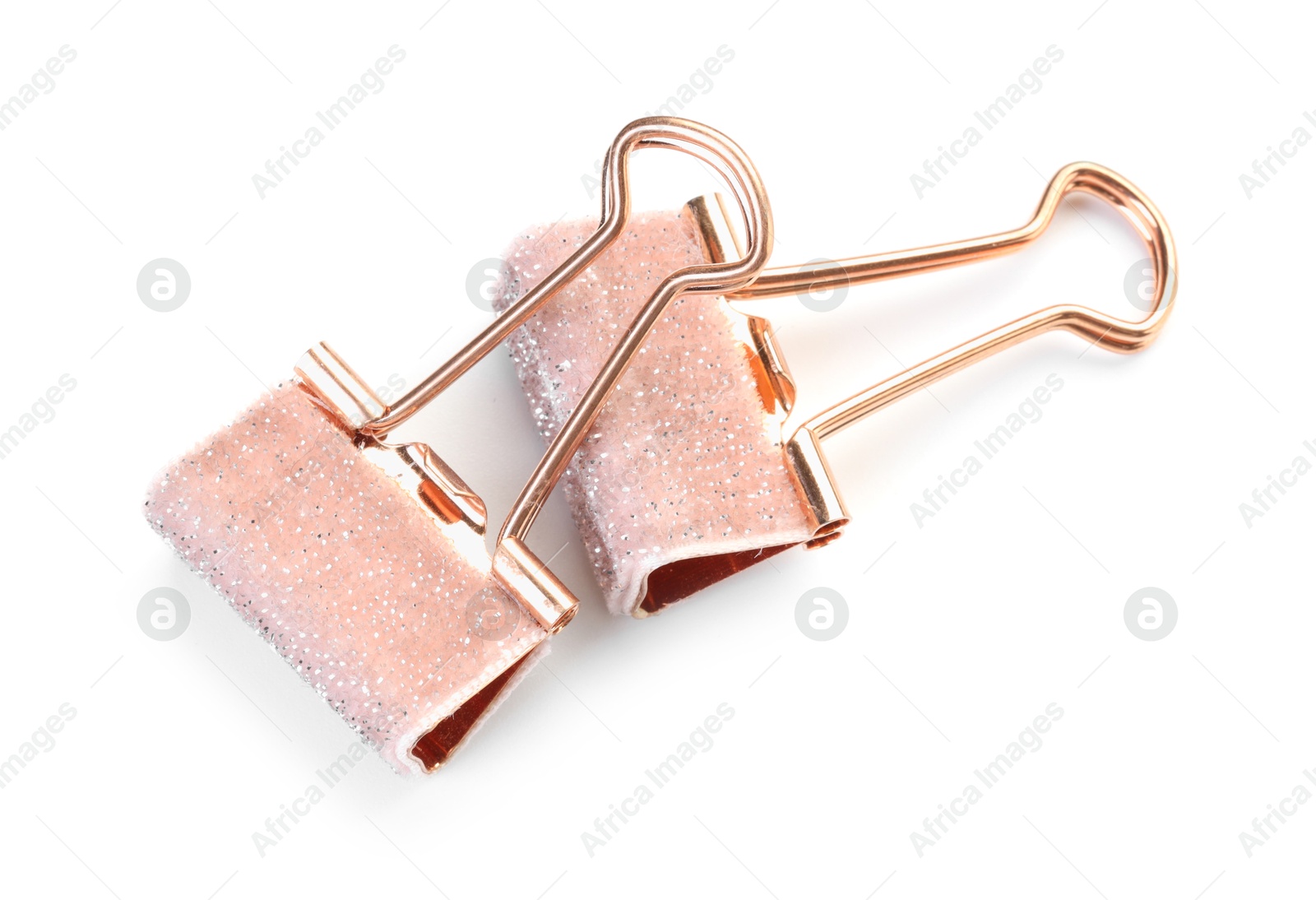 Photo of Two colorful binder clips isolated on white, top view