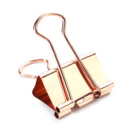 Photo of One golden binder clip isolated on white