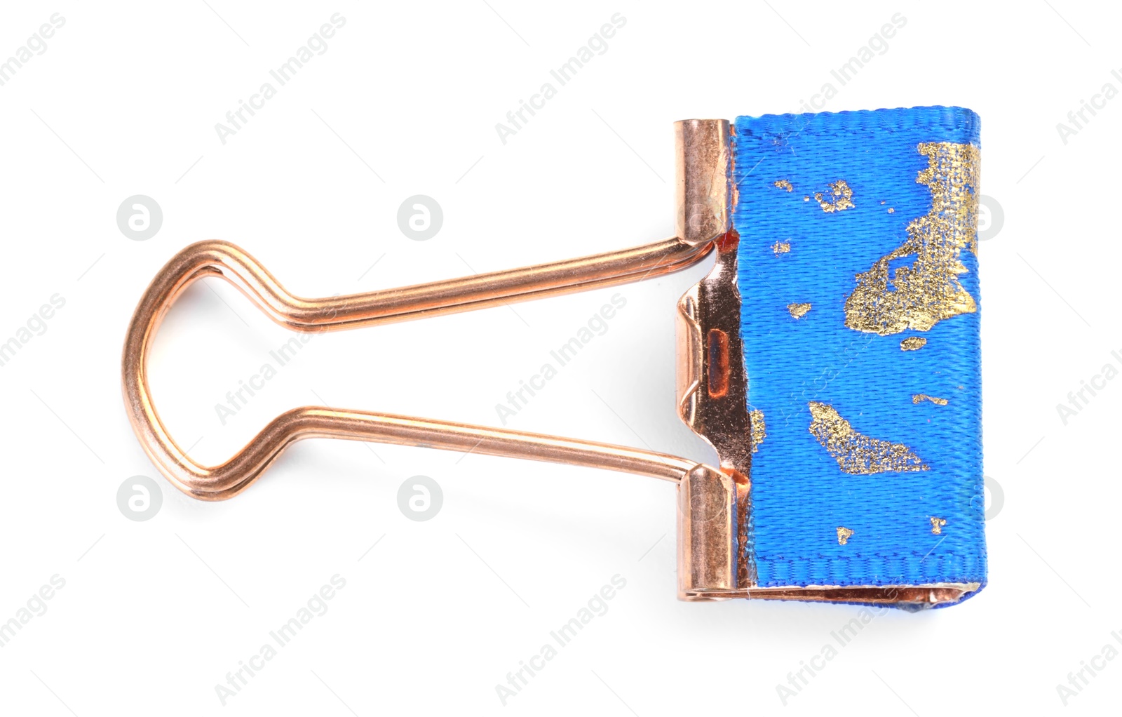 Photo of One colorful binder clip isolated on white, top view