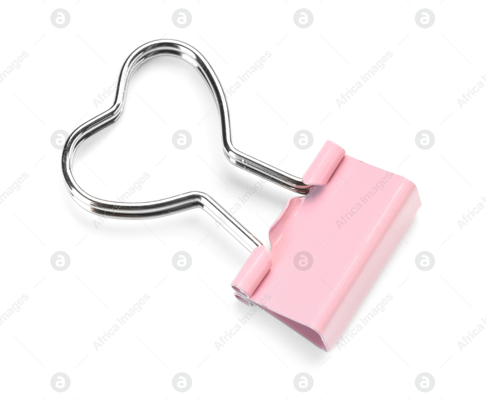 Photo of Heart shaped binder clip isolated on white, above view