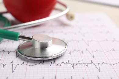 Photo of Cardiology. Stethoscope and cardiogram on table, closeup