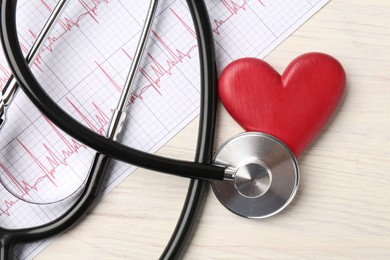 Photo of Cardiology. Stethoscope, cardiogram and red decorative heart on light wooden table, flat lay