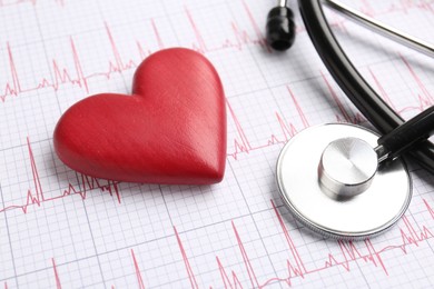 Photo of Cardiology. Stethoscope and red decorative heart on paper with cardiogram, closeup