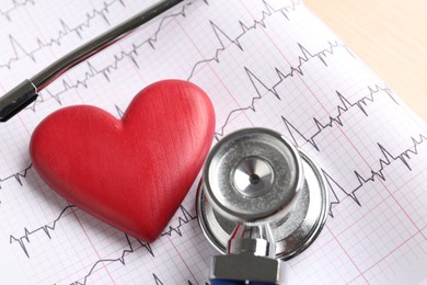 Photo of Cardiology. Stethoscope, cardiogram and red decorative heart on table, closeup