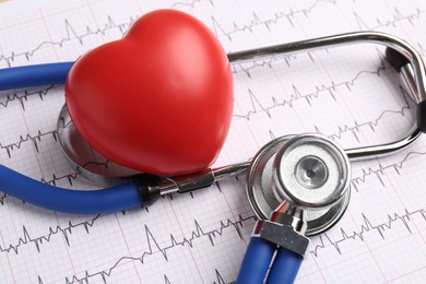 Photo of Cardiology. Stethoscope and red decorative heart on paper with cardiogram, closeup