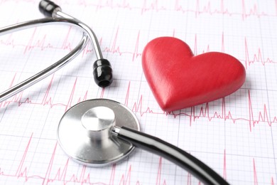 Photo of Cardiology. Stethoscope and red decorative heart on paper with cardiogram, closeup