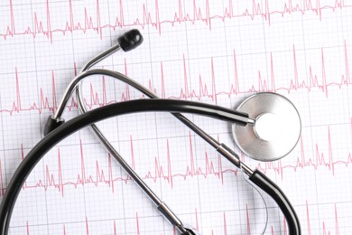 Photo of Cardiology. Stethoscope on paper with cardiogram, top view