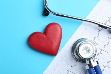 Photo of Cardiology. Stethoscope, red decorative heart and cardiogram on light blue background, flat lay