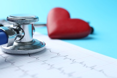 Photo of Cardiology. Stethoscope, red decorative heart and cardiogram on light blue background, closeup