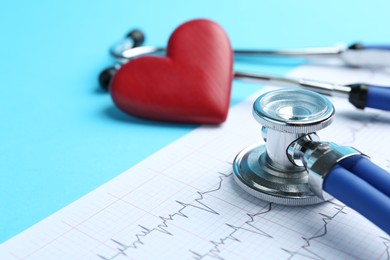 Photo of Cardiology. Stethoscope, red decorative heart and cardiogram on light blue background, closeup