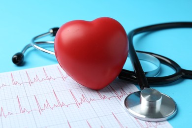 Photo of Cardiology. Stethoscope, red decorative heart and cardiogram on light blue background, closeup