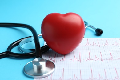 Photo of Cardiology. Stethoscope, red decorative heart and cardiogram on light blue background, closeup