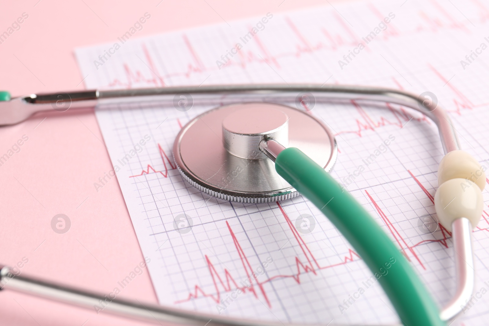 Photo of Cardiology. Stethoscope and cardiogram on pale pink background, closeup