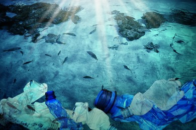 Environmental pollution. Ocean water with fish and plastic garbage