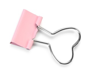 Photo of Heart shaped binder clip isolated on white, top view