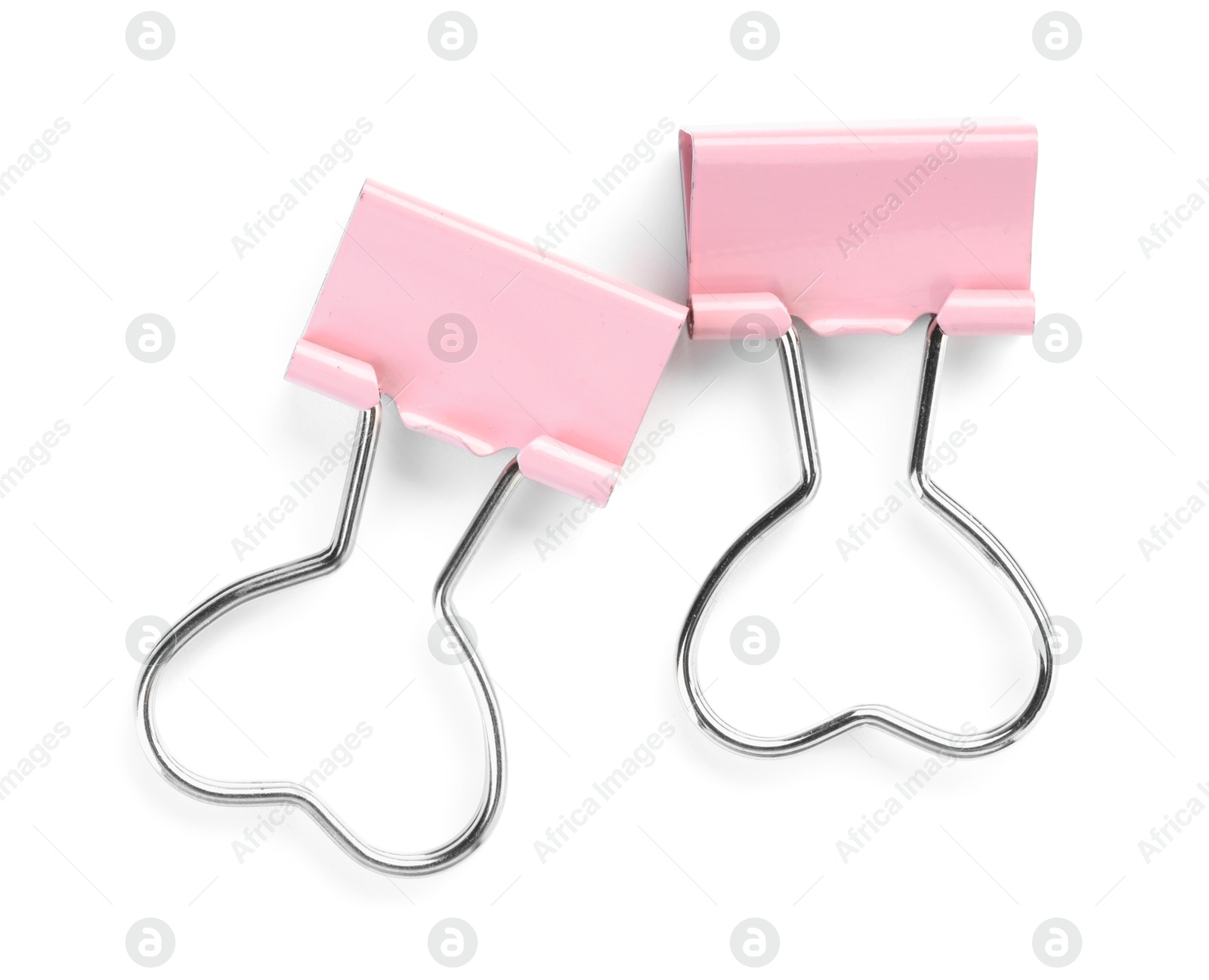 Photo of Heart shaped binder clips isolated on white, top view