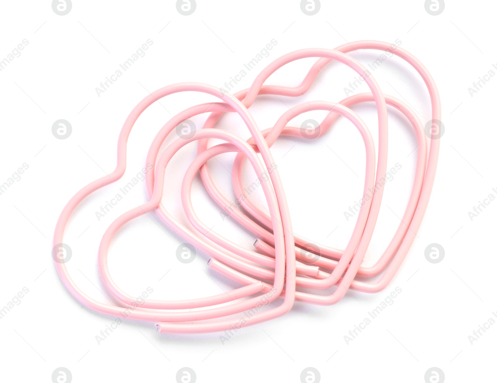 Photo of Heart shaped paper clips isolated on white, top view