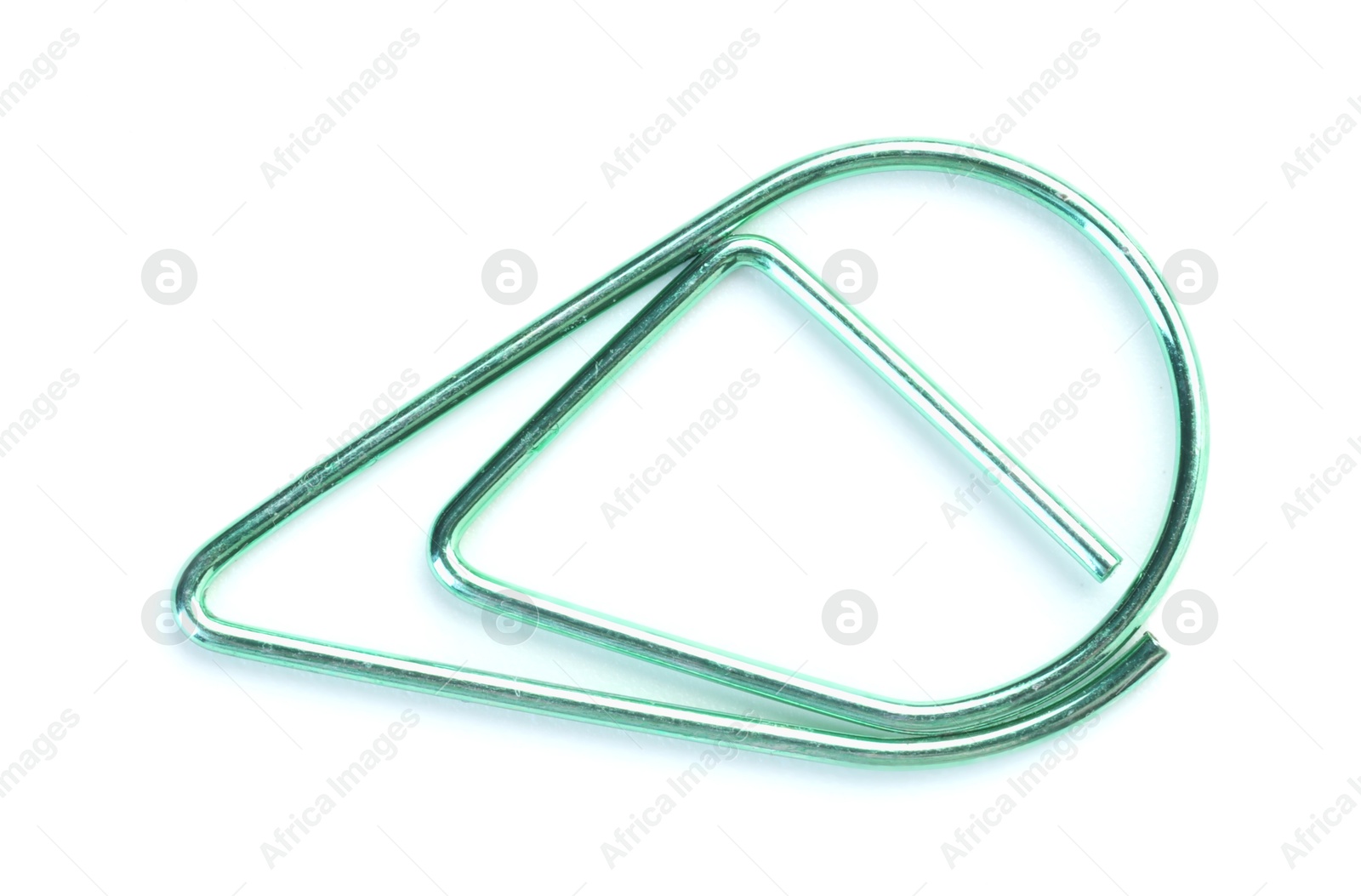 Photo of Turquoise paper clip isolated on white, top view