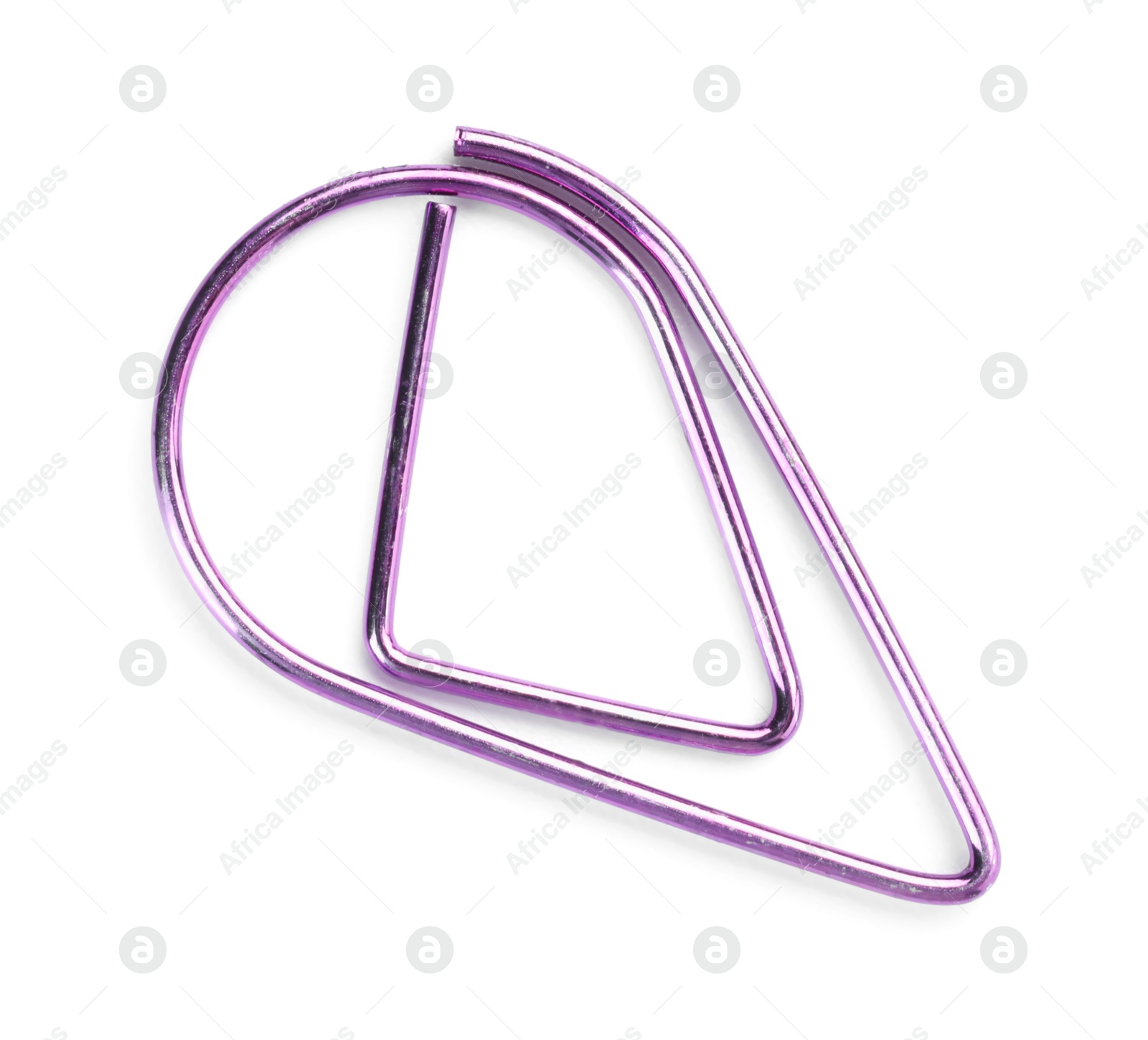 Photo of Purple paper clip isolated on white, top view